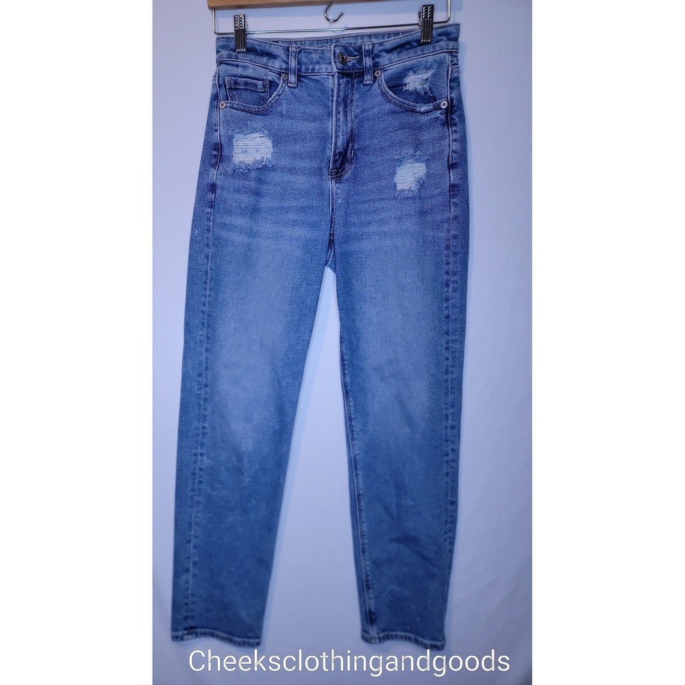 American Eagle Mom Straight Jeans Womens 2 Regular Distressed High Rise Stretch - Picture 2 of 6